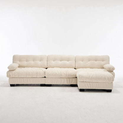 Sectional Sofa L-Shape Flannelette Beige 4 Seat Ottoman 123 In Deep Seat