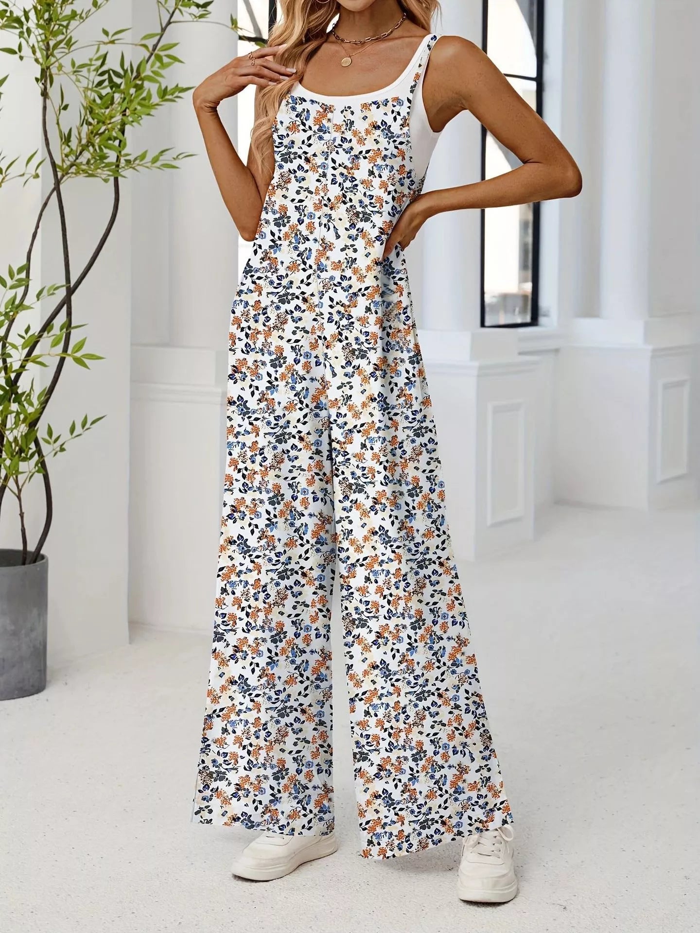 Full Size Floral Print Wide Leg Spaghetti Strap Overalls Plus Size