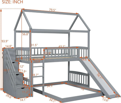 Gray Twin Loft Bunk Bed With Slide And Stairs Storage