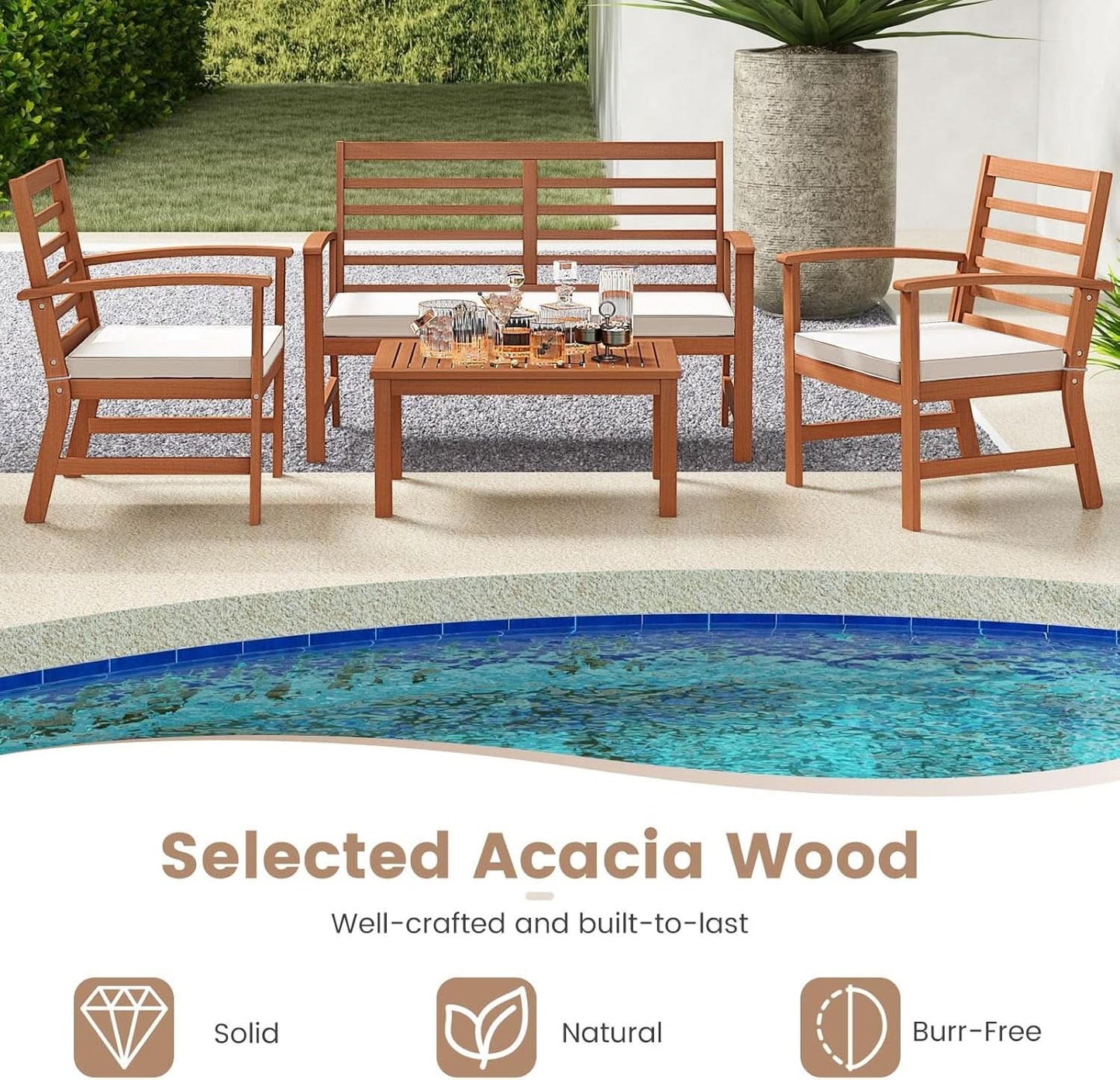 Acacia Wood Outdoor Conversation Set With Cushions White