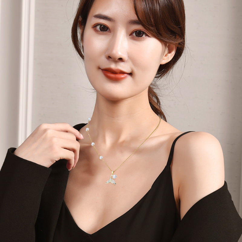 Dainty Mermaid Tail Pearl Necklace For Women, Shell Inlay Adjustable Collarbone Chain, Elegant Long Sweater Chain Ocean Fashion Jewelry