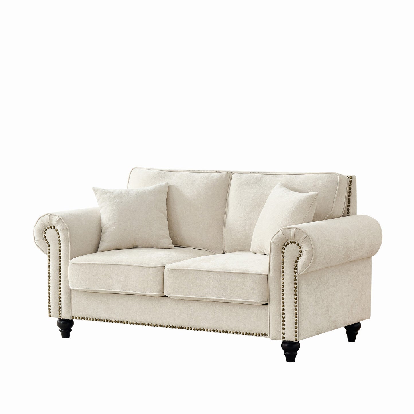 Loveseat Chenille Beige Rolled Arms Nailhead Trim 63 In 700 LB