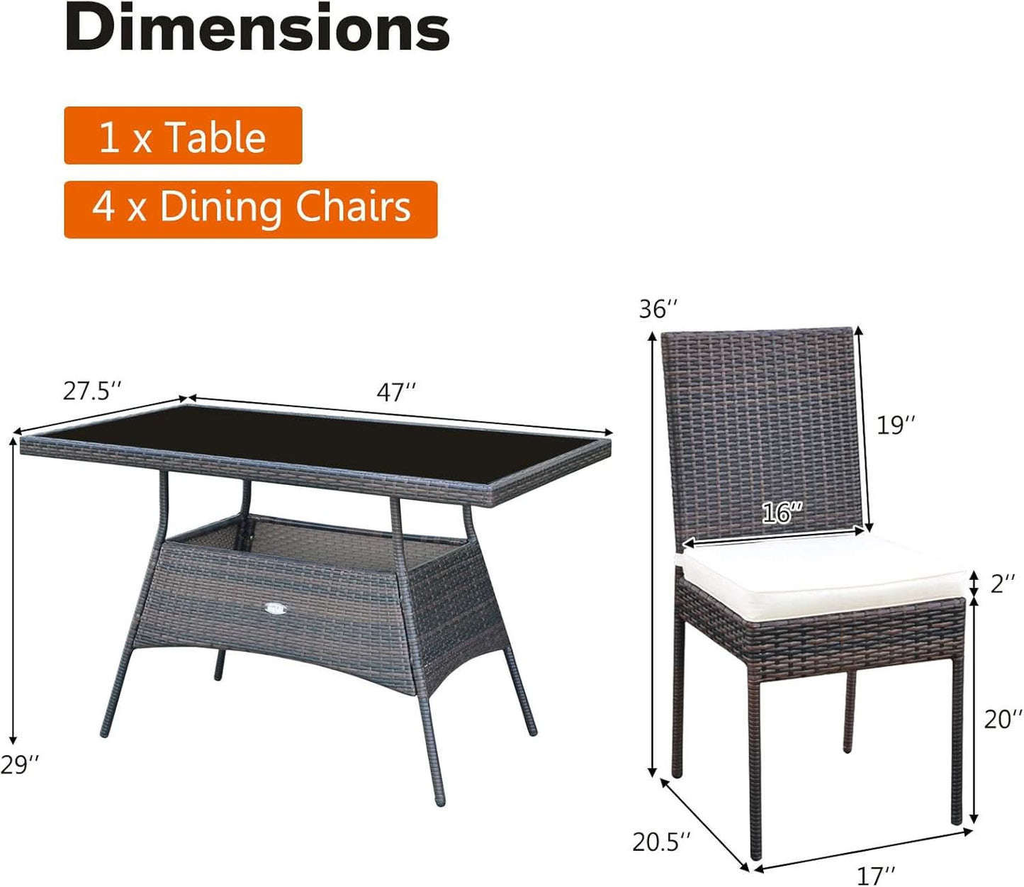 5 Piece Outdoor Patio Wicker Dining Set With Tempered Glass Table