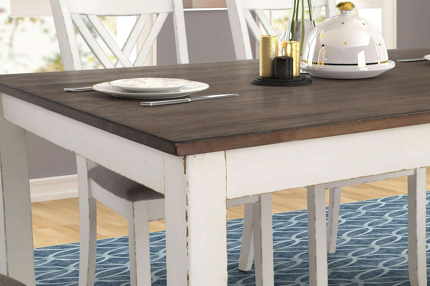 Seven Piece Rectangular Dining Table Set Two Tone Finish