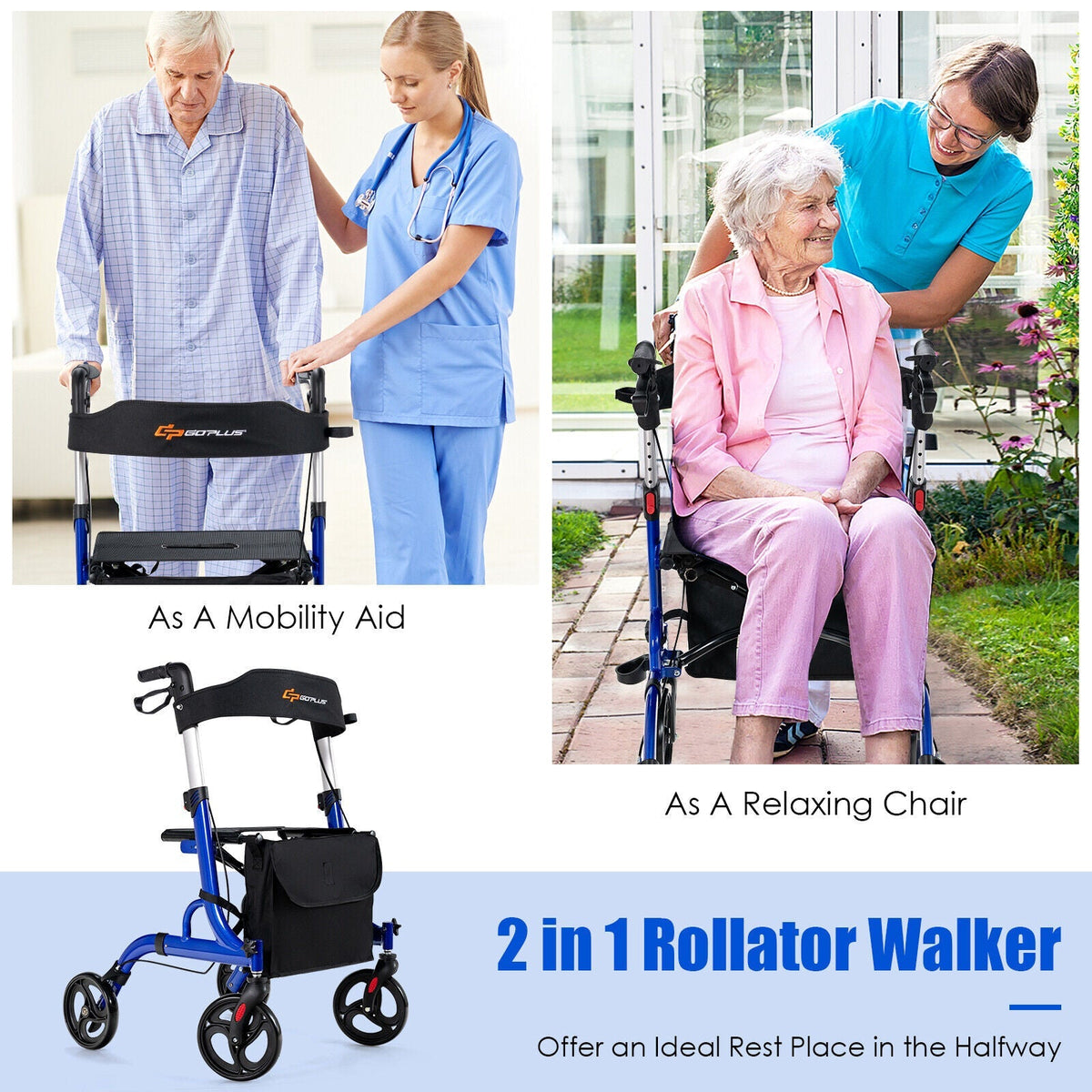 Folding Aluminum Rollator Walker with 8 inch Wheels and Seat