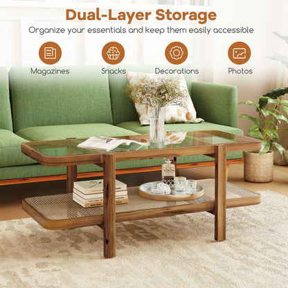 2-Tier Coffee Table with Storage and Tempered Glass Tabletop