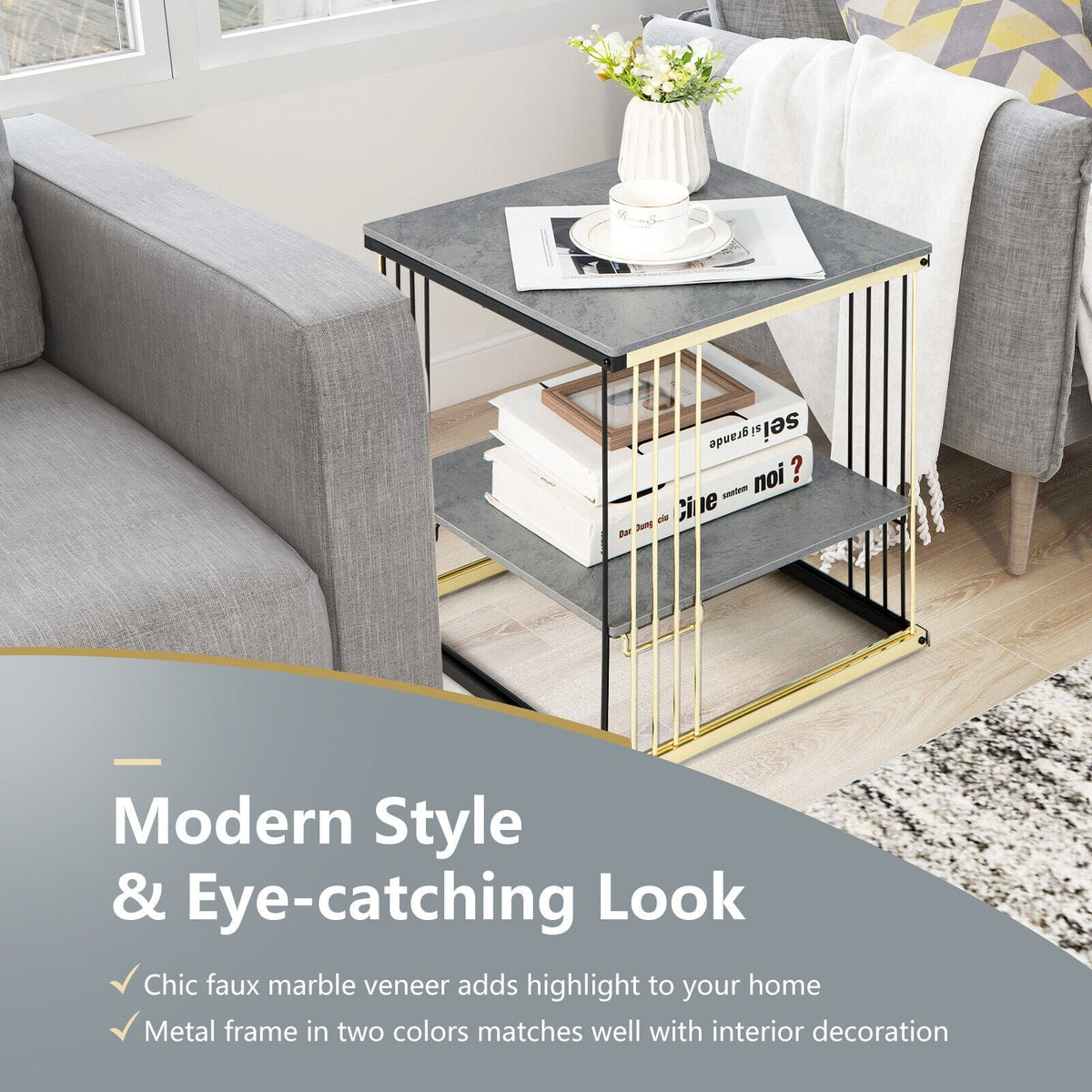 2-Tier Metal Side End Table with Removable Shelf-Gray