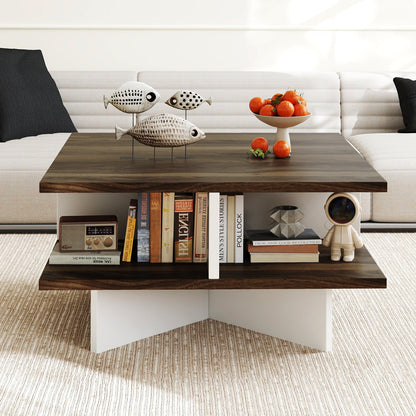 2-Tier Square Coffee Table with 4 Storage Compartments-Walnut