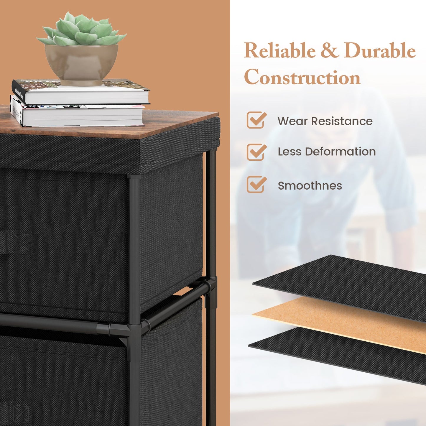 2-Drawer Nightstand with Removable Fabric Bins and Pull Handles Set of 2-Black