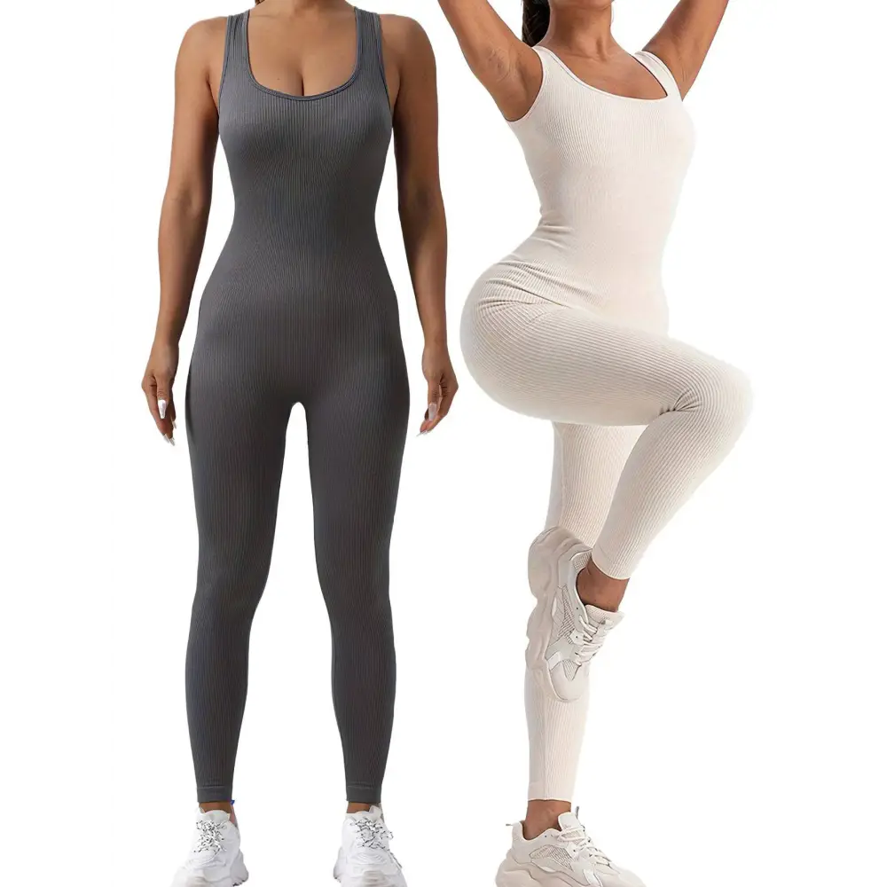 2 Pack Ribbed Solid Color Sport Casual Wear Jumpsuits