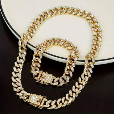 2-Piece Set: Unisex Hip Hop Cuban Chain Necklace and 8" Bracelet