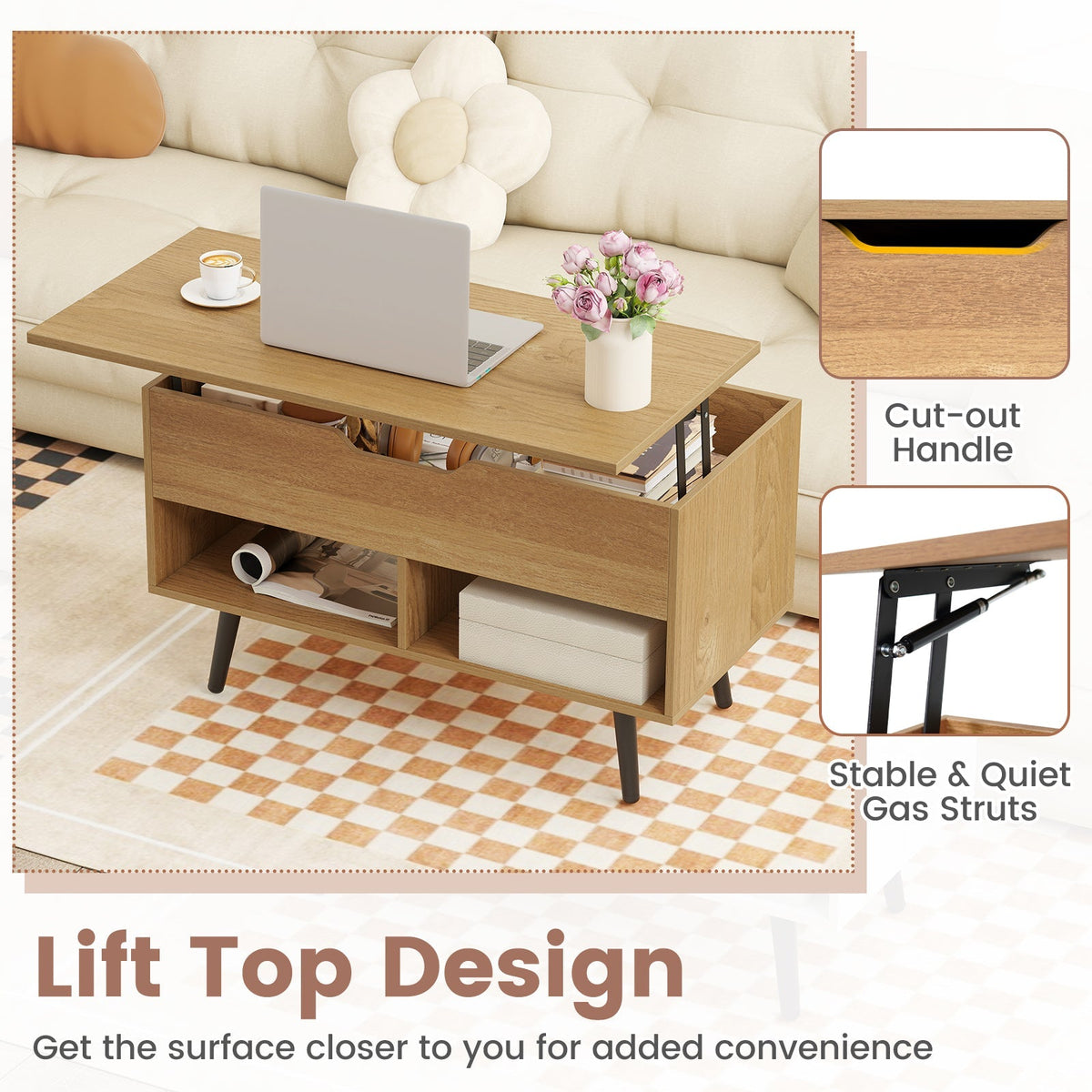 31.5 Inch Lift-Top Coffee Table with Hidden Storage and 2 Open Shelves