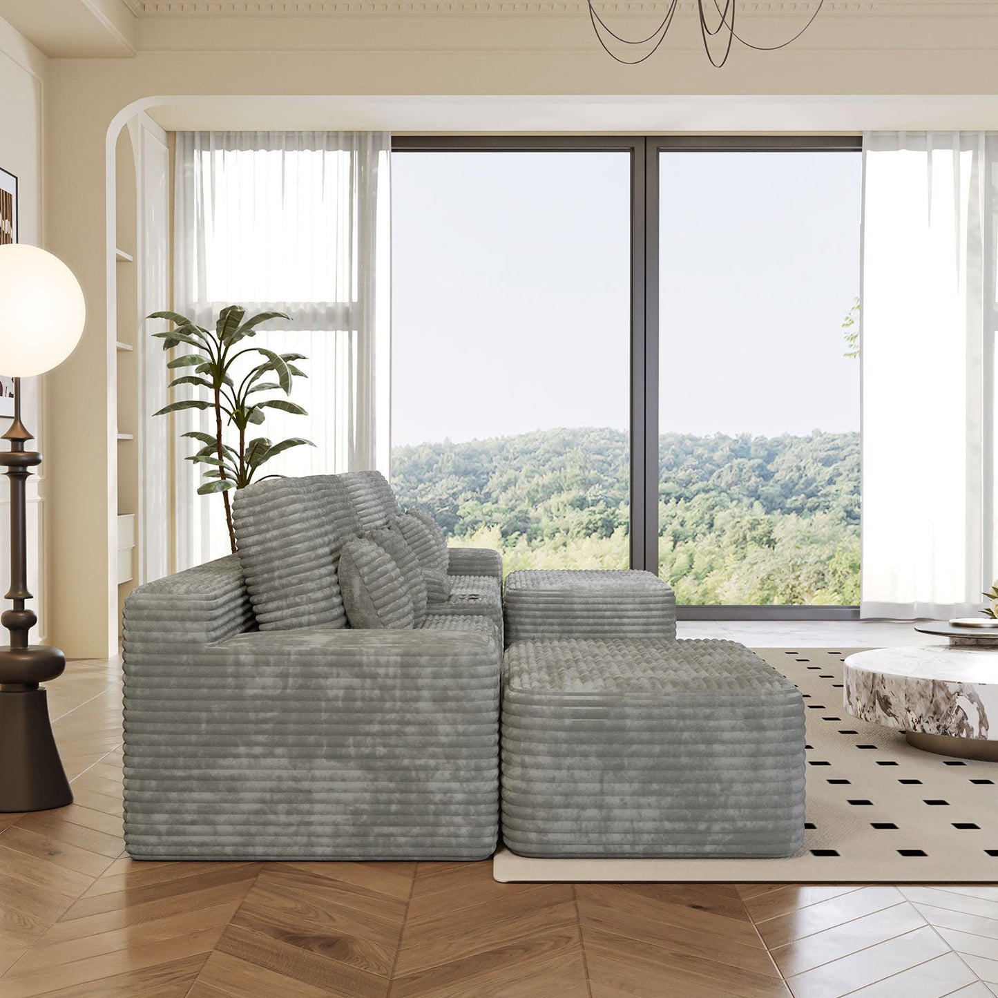 Sectional Sofa U-Shape Corduroy Light Gray 6 Seat USB Bluetooth 150 In