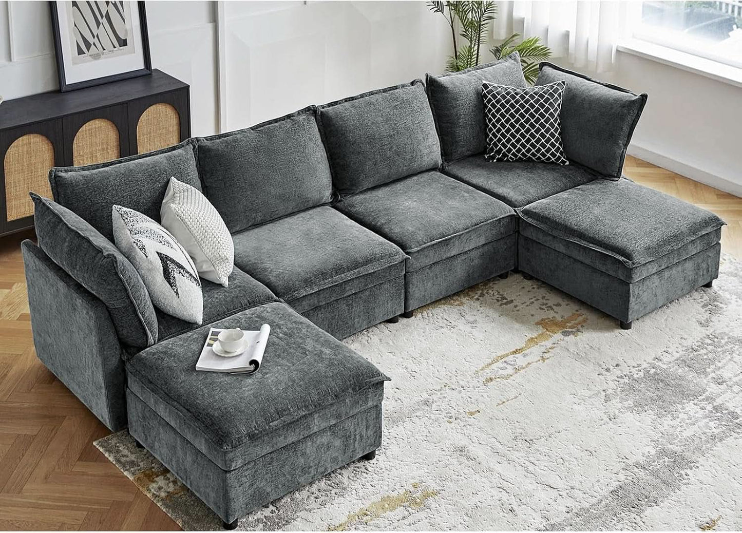 127 Inch Grey Modular Sectional Sofa With Storage Ottoman