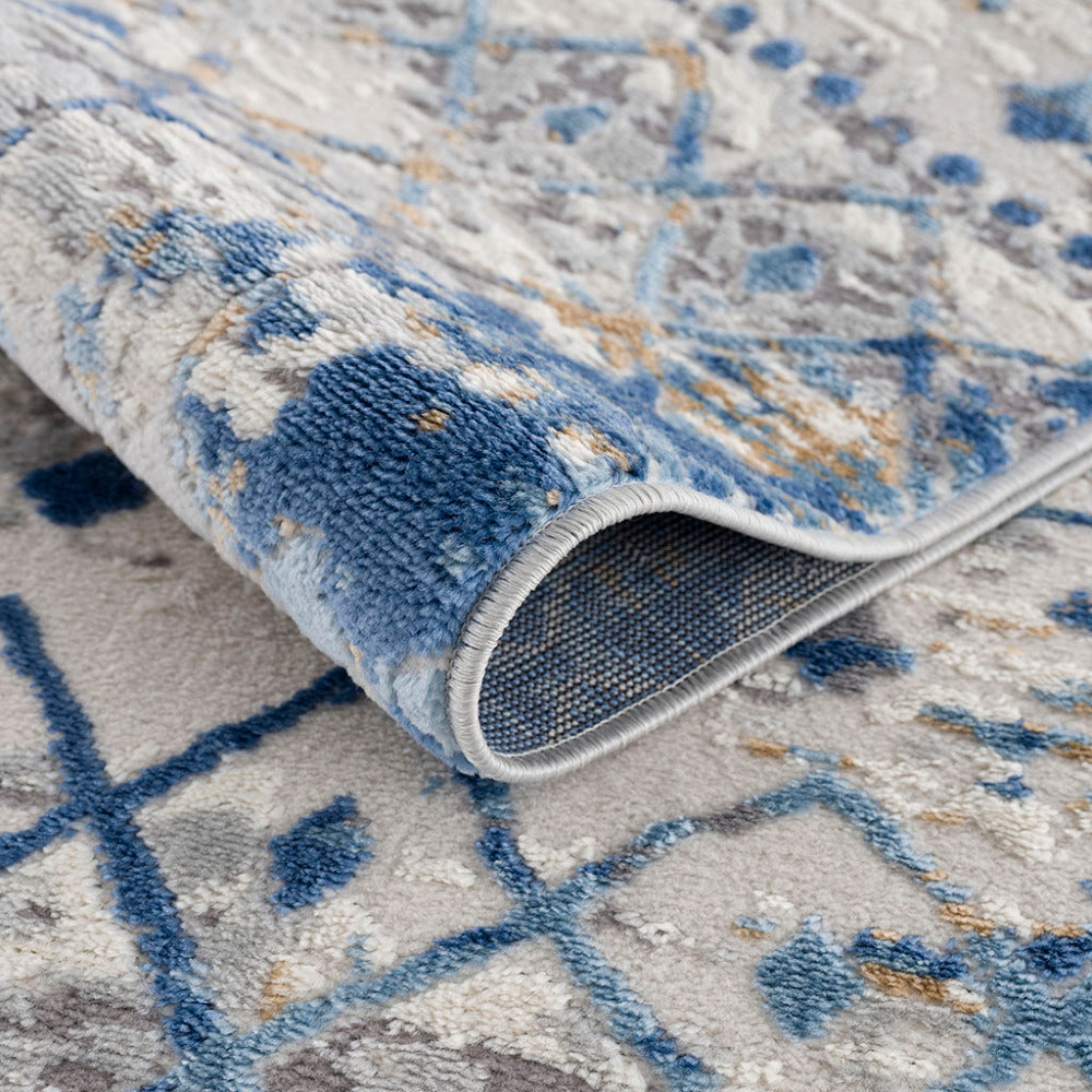 5×7 Moroccan Area Rug | OEKO-TEX Certified Woven Blue & Cream Global Print — Non-Slip, Stain & Fade Resistant, Made in Turkey