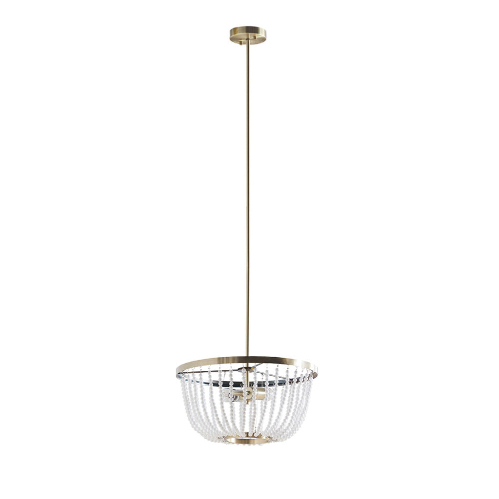 Modern Beaded Chandelier – 2-Light, Antique Brass Finish, White Bead Accent, Adjustable Height