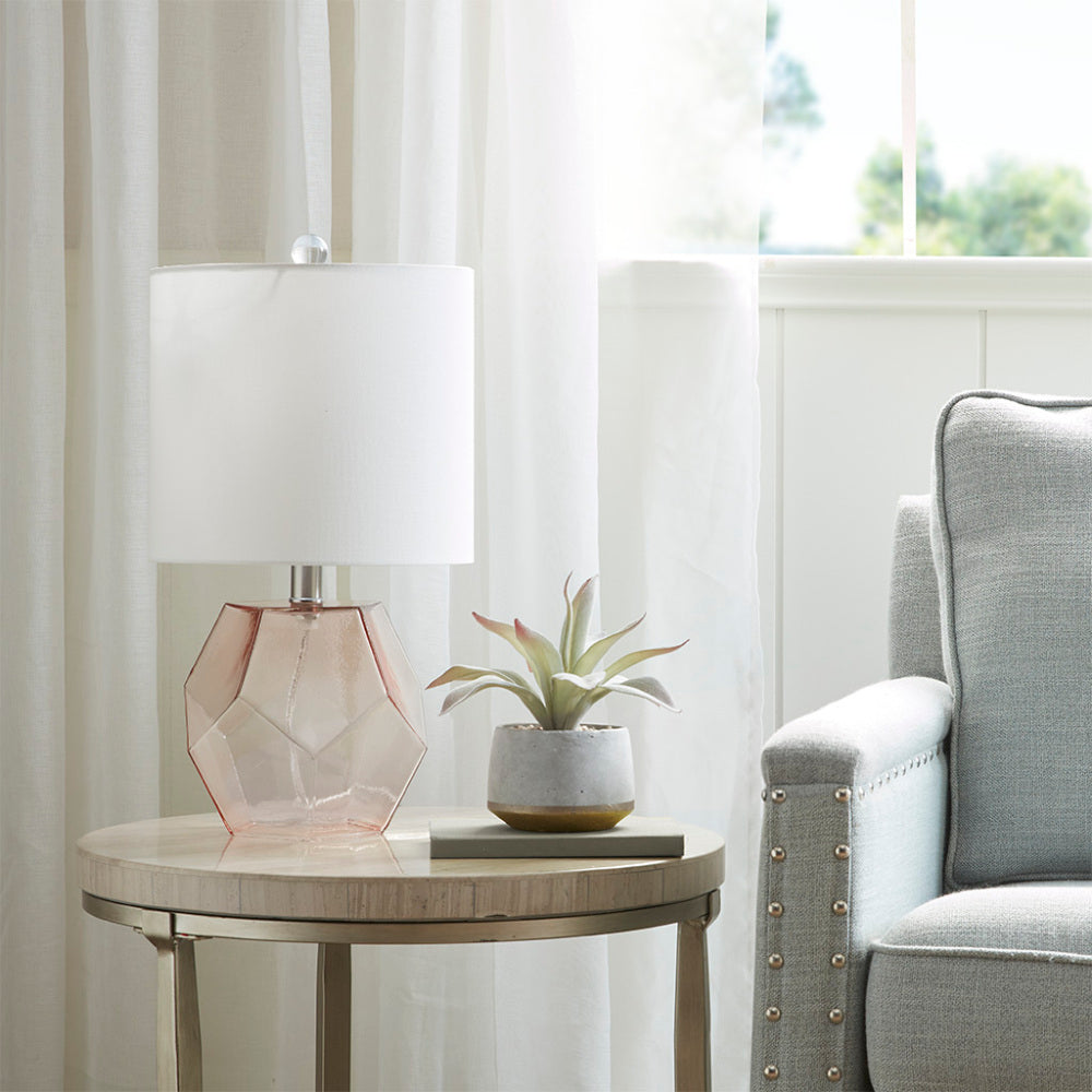 Geometric Pink Glass Table Lamp | 18.85" White Drum Shade, LED Bulb Included