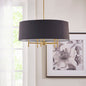 5-Light Drum Shade Chandelier | Cotton-Linen Fabric Shade with Plated Brass Frame, Adjustable to 62.5" — Black, Gold or Silver