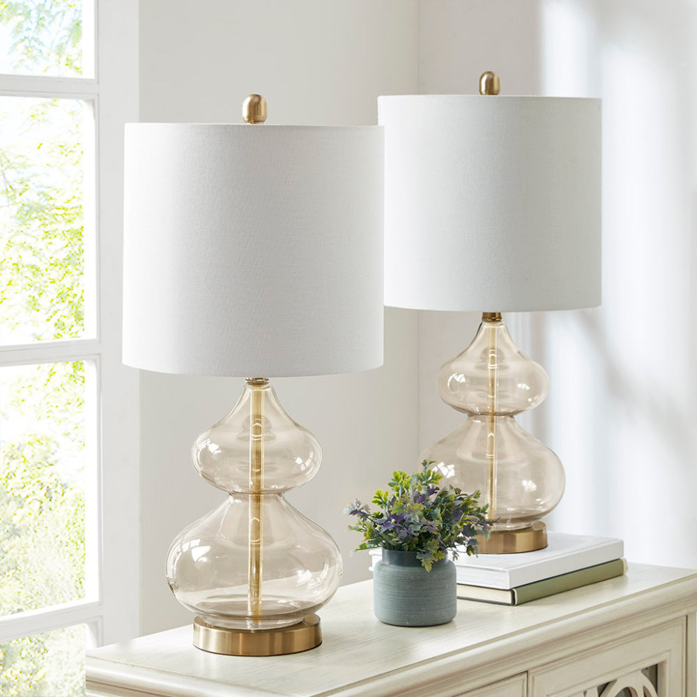 Curved Glass Table Lamps (Set of 2) – Double-Stacked Gourd Base, White Drum Shade & LED Bulbs Included | Blue or Gold
