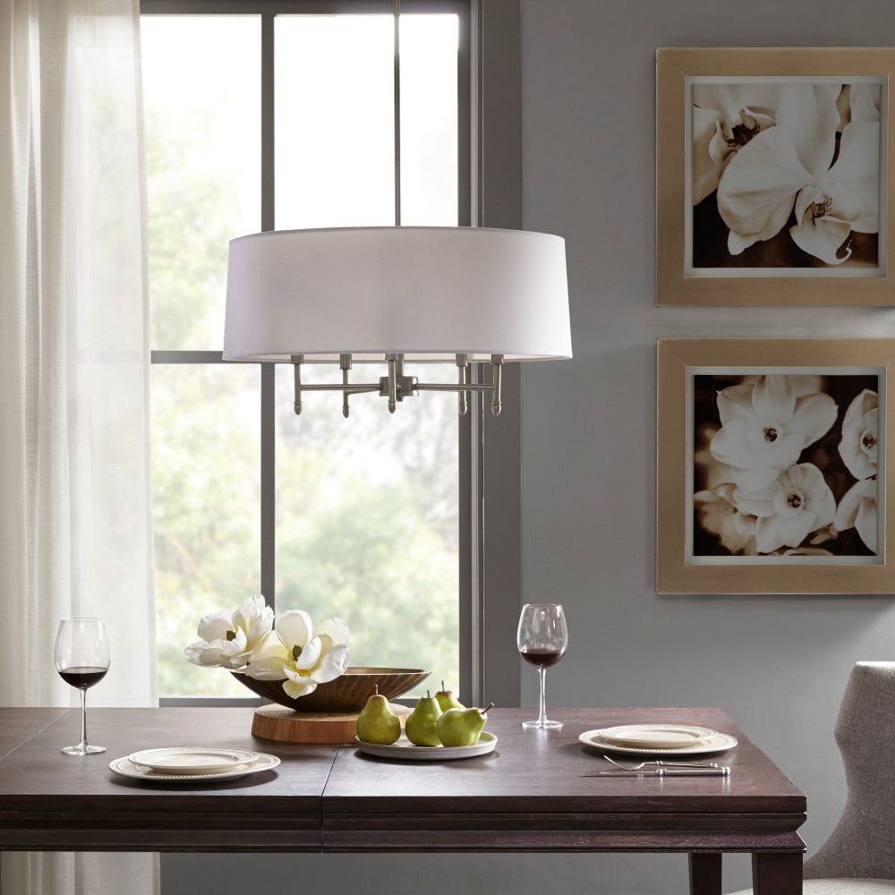 5-Light Drum Shade Chandelier | Cotton-Linen Fabric Shade with Plated Brass Frame, Adjustable to 62.5" — Black, Gold or Silver