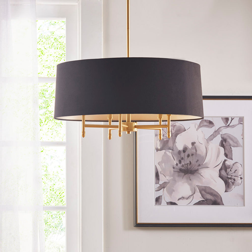 5-Light Drum Shade Chandelier | Cotton-Linen Fabric Shade with Plated Brass Frame, Adjustable to 62.5" — Black, Gold or Silver