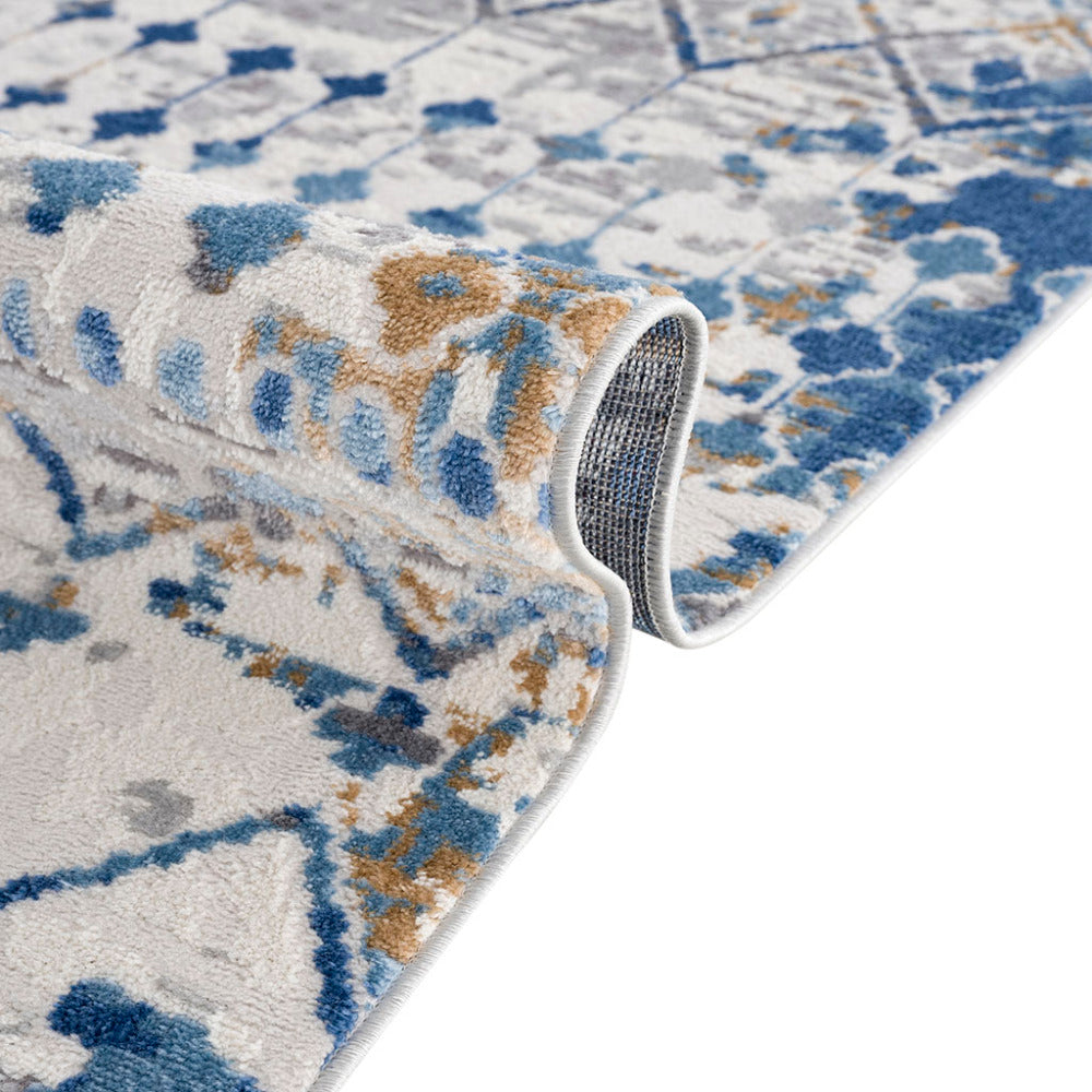 5×7 Moroccan Area Rug | OEKO-TEX Certified Woven Blue & Cream Global Print — Non-Slip, Stain & Fade Resistant, Made in Turkey