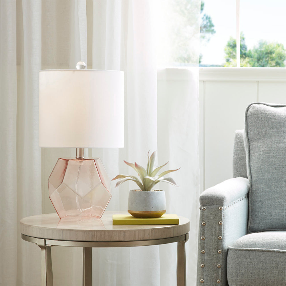 Geometric Pink Glass Table Lamp | 18.85" White Drum Shade, LED Bulb Included