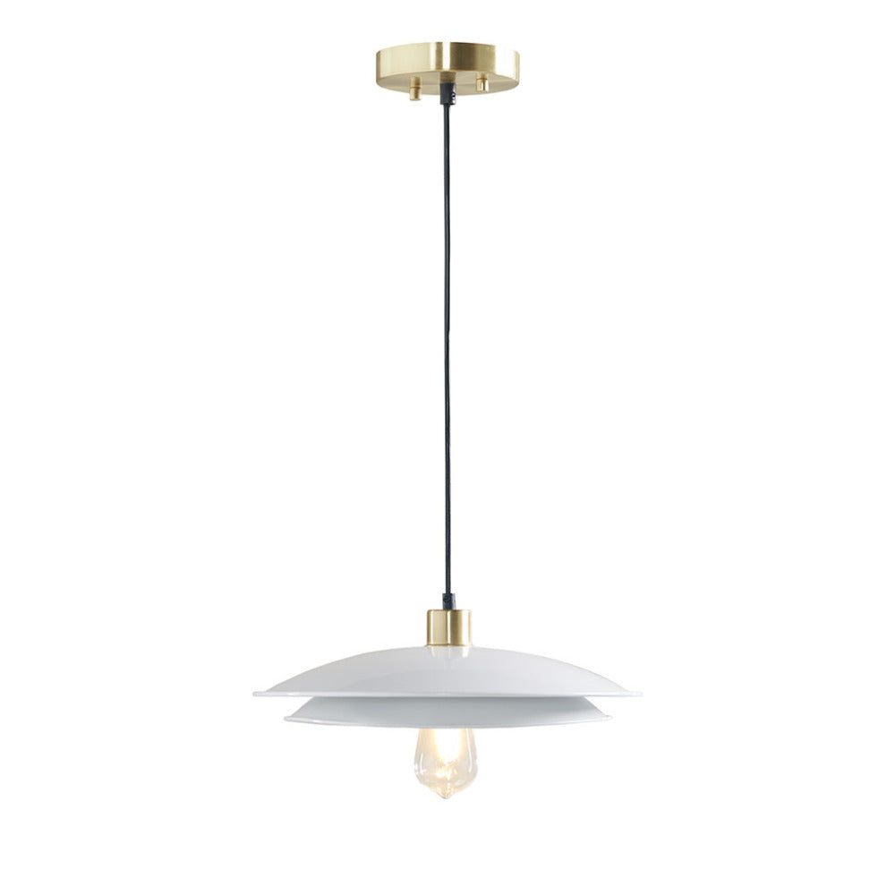 Mid-Century Modern Pendant Light – Double Disc Shade, Matte White & Gold Ceiling Base