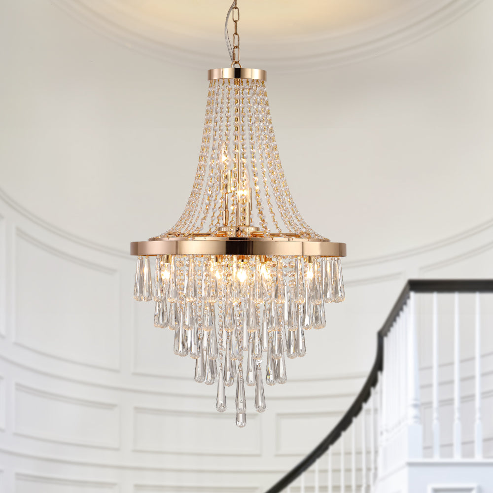 20" K9 Crystal Chandelier | 11-Light Modern Pendant with Adjustable Height 33"–71" — Chrome or Gold, Living Room, Dining Room & Staircase