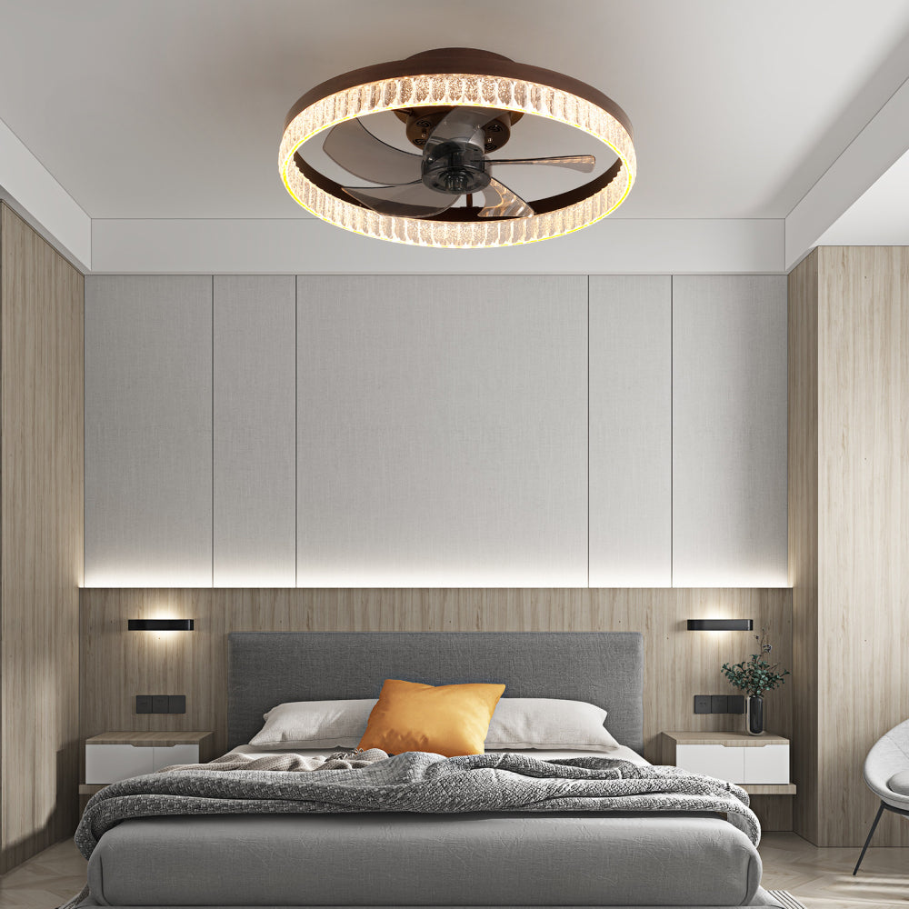 20" Flush Mount Ceiling Fan with LED Light – Crystal Ring Design, Remote Control & Dimmable 3CCT | Bedroom & Living Room