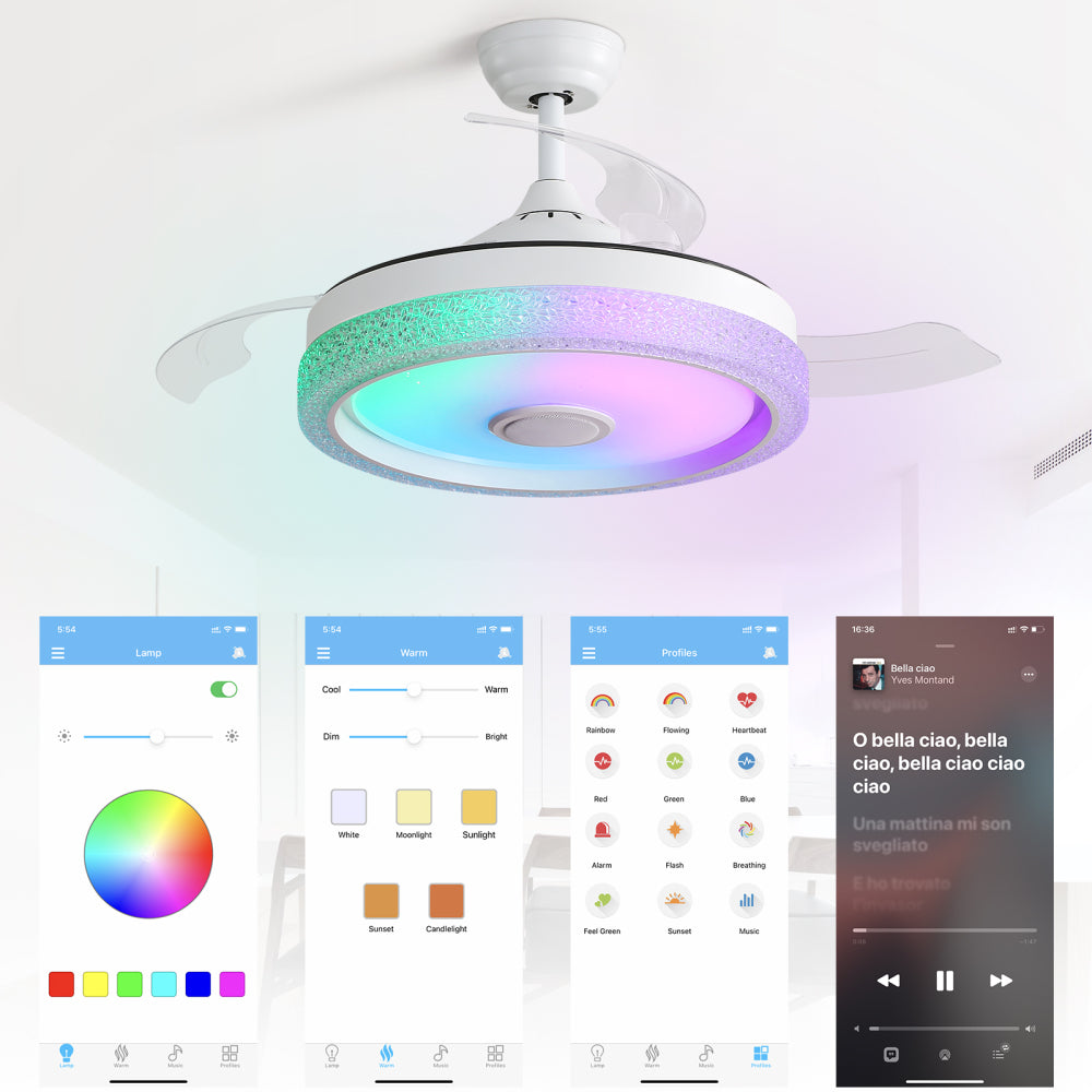 42" Invisible Blade Ceiling Fan – LED 3CCT Dimmable, RGB Light, Bluetooth Speaker & App/Remote Control | DC Motor