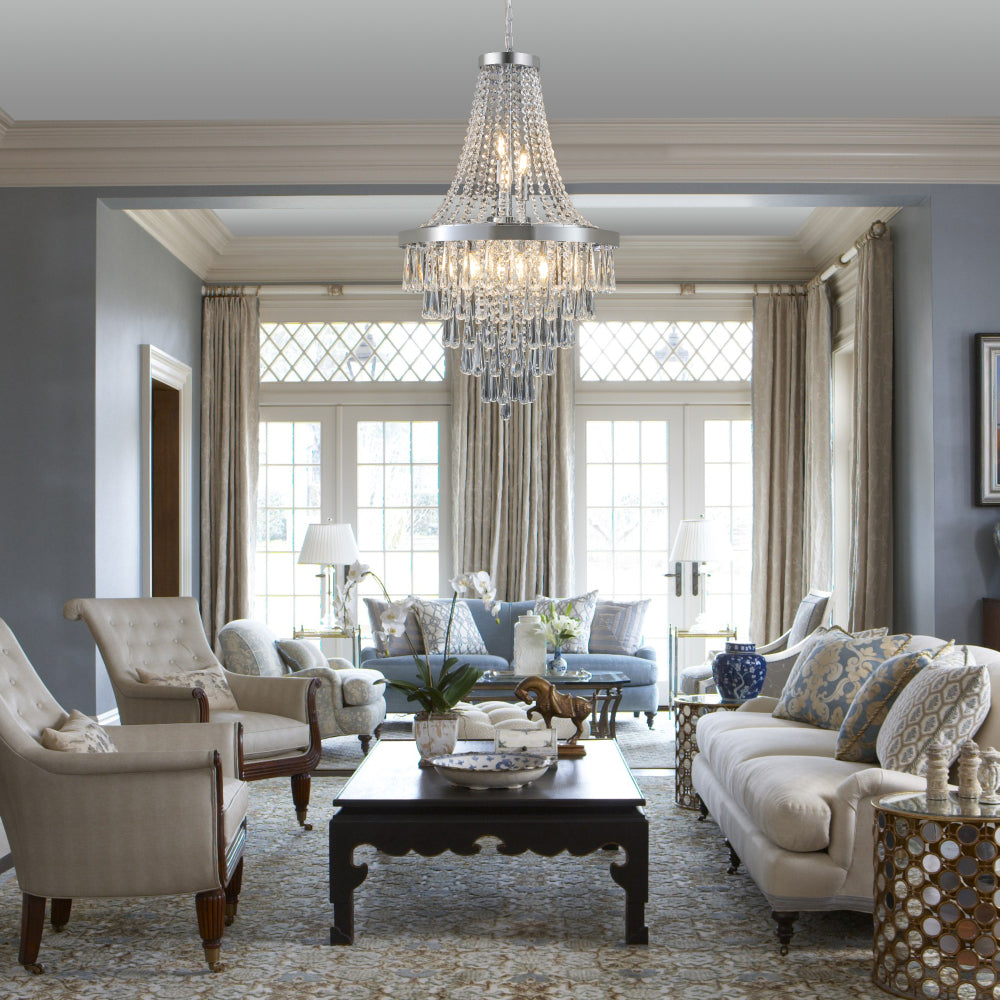20" K9 Crystal Chandelier | 11-Light Modern Pendant with Adjustable Height 33"–71" — Chrome or Gold, Living Room, Dining Room & Staircase