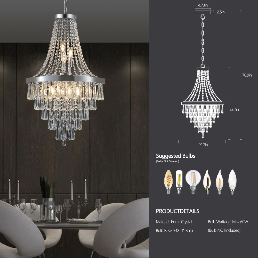 20" K9 Crystal Chandelier | 11-Light Modern Pendant with Adjustable Height 33"–71" — Chrome or Gold, Living Room, Dining Room & Staircase