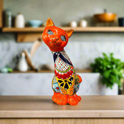 Talavera Curious Cat Statue | Mexican Folk Art Cat Figurine