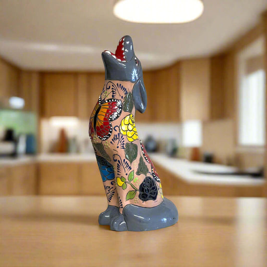 Talavera Howling Coyote Statue | Handmade Mexican Desert Animal Decor