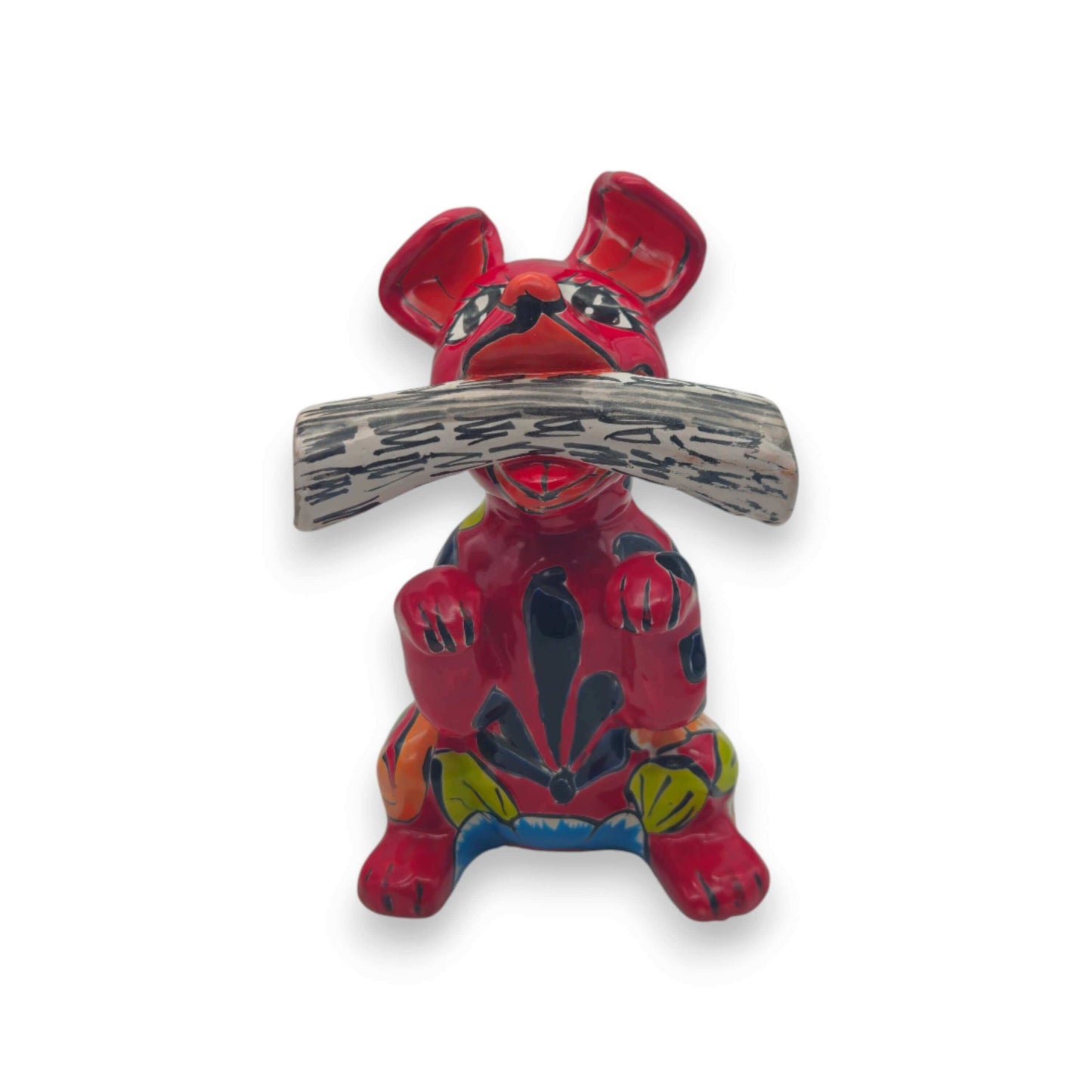 Talavera Dog Holding Newspaper Statue | Colorful Mexican Garden Art