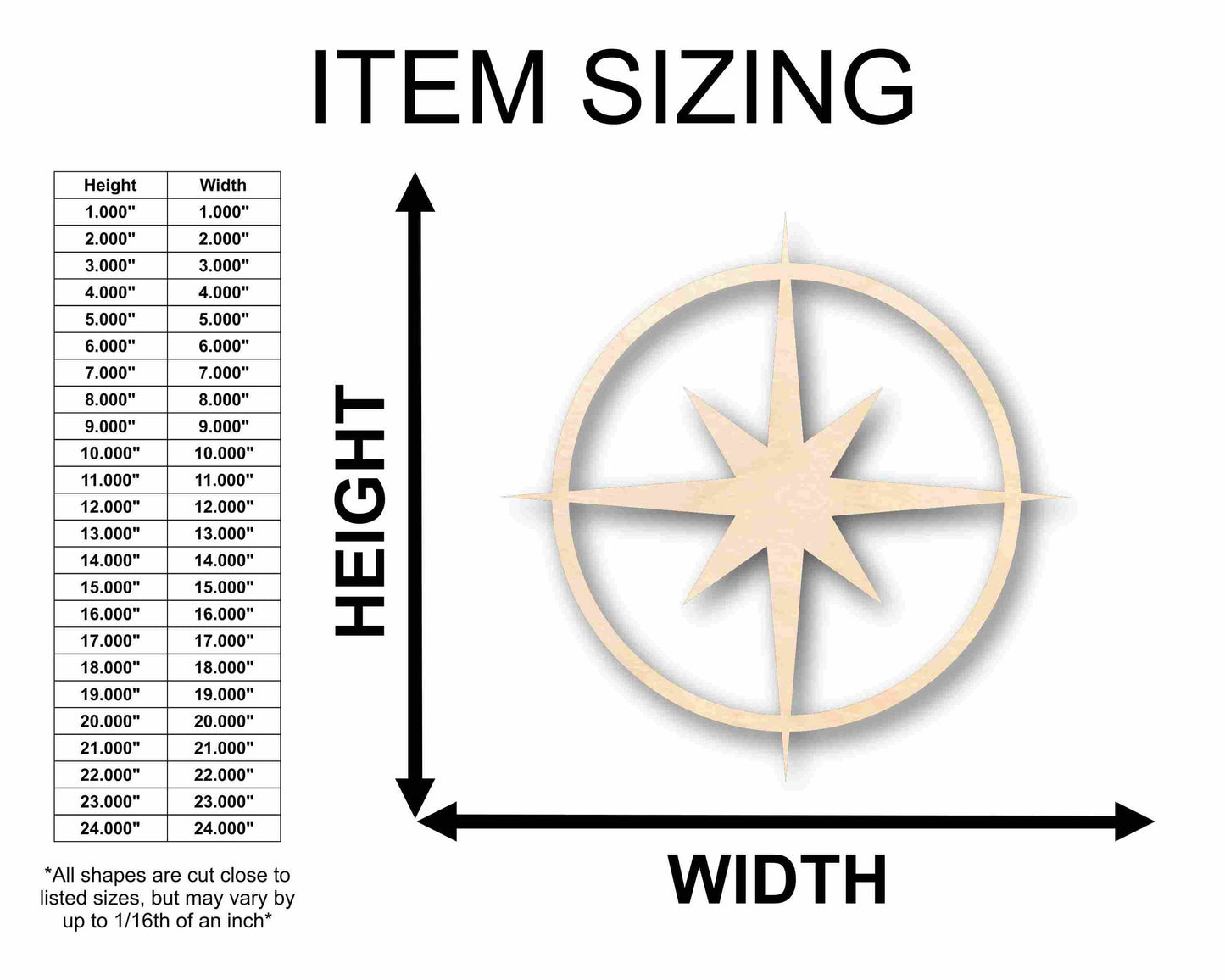 Unfinished Wood Compass Rose Star Sharp Six Point Star Silhouette - Craft- up to 46" DIY