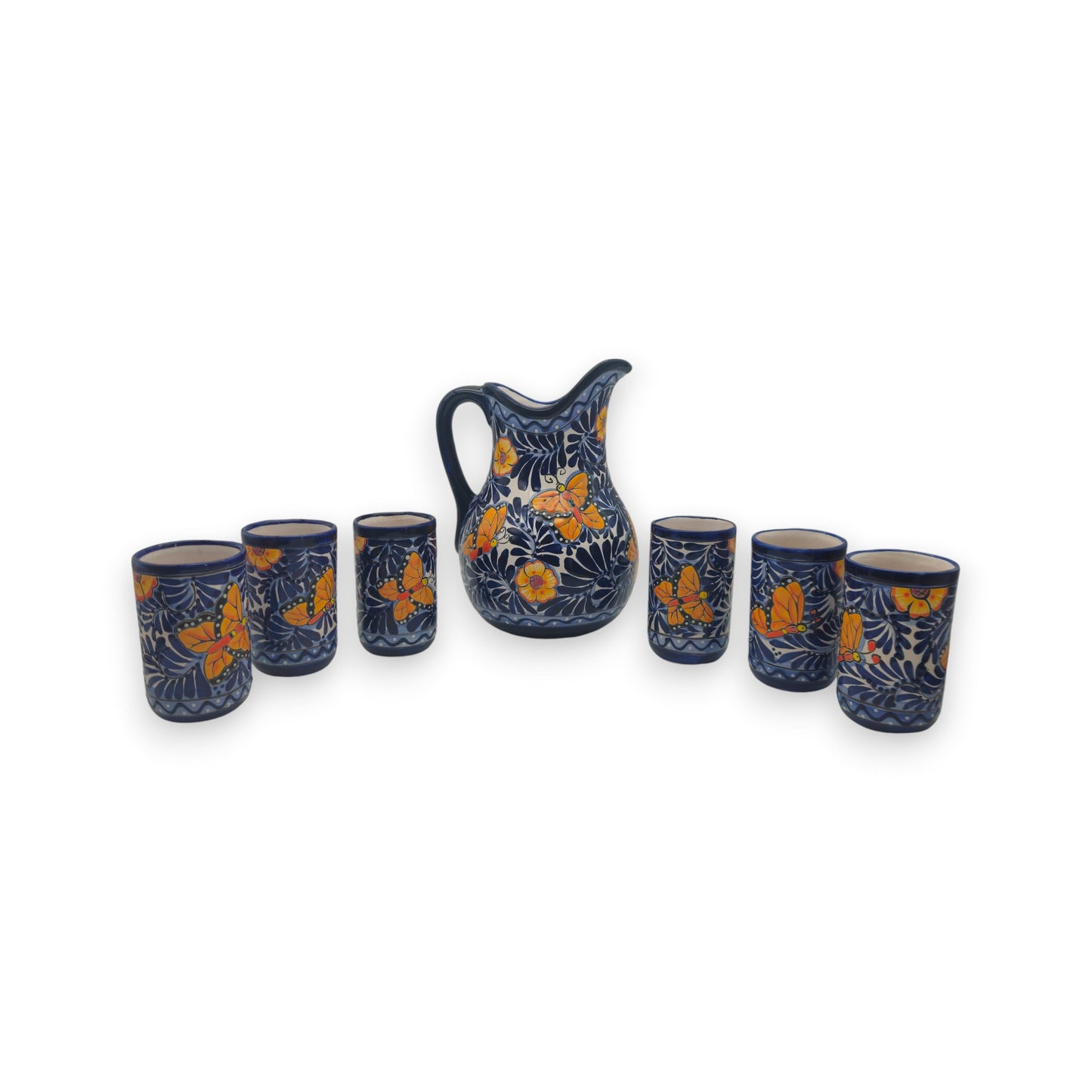 Blue Monarch Talavera Pitcher Set | Mexican Ceramic Drinkware
