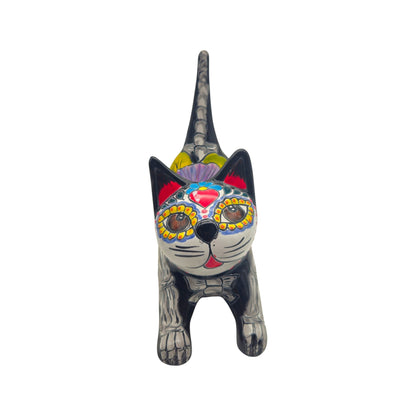 Talavera Stretching Cat Statue | Day of the Dead Floral Design