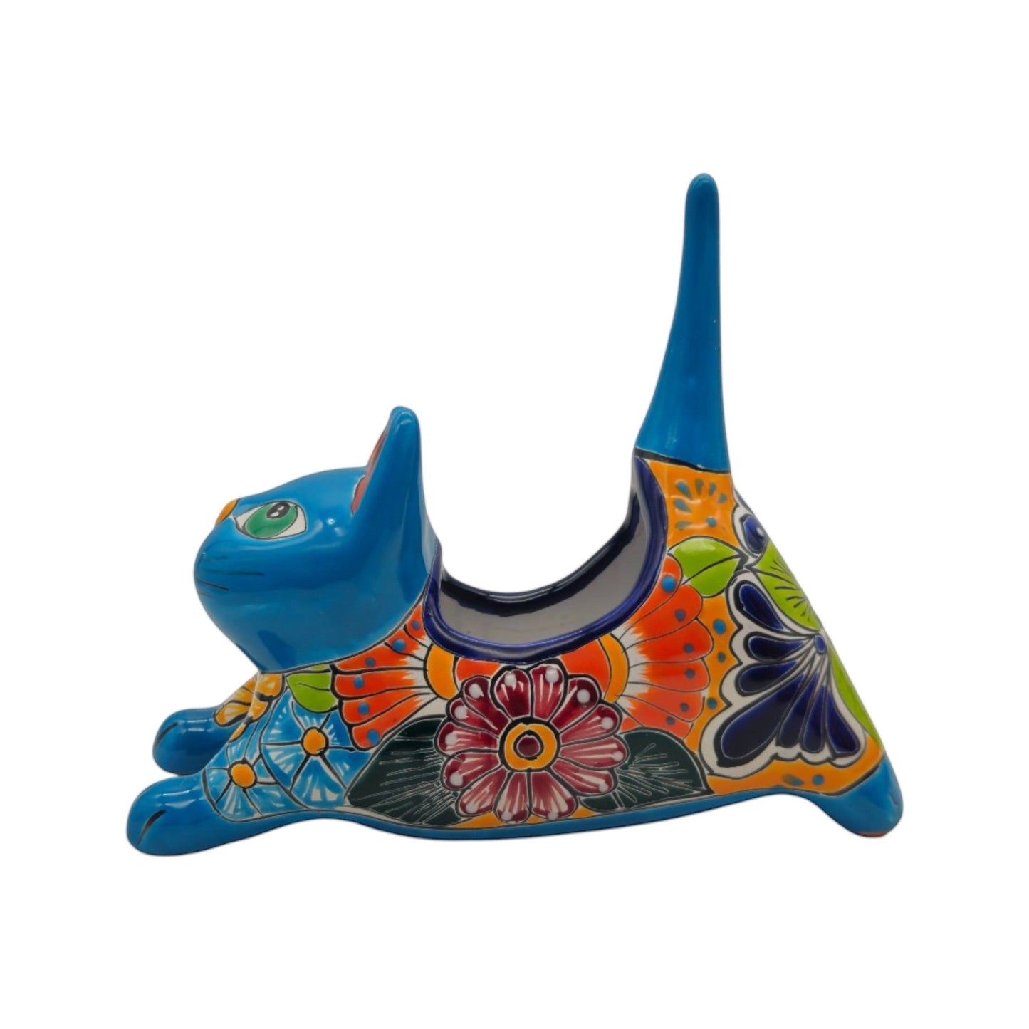 Talavera Cat Planter | Colorful Handmade Stretching Animal Pot