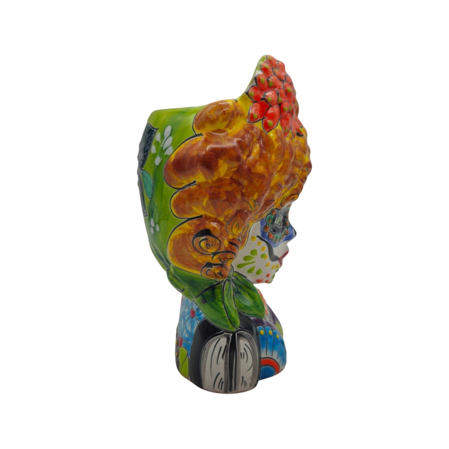 Colorful Talavera Lady Skull Planter | Day of the Dead Decor