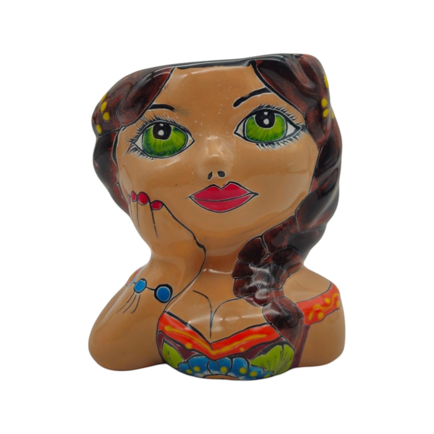 Hand-Painted Talavera Ceramic Lady Planter | Mexican Artwork Decor