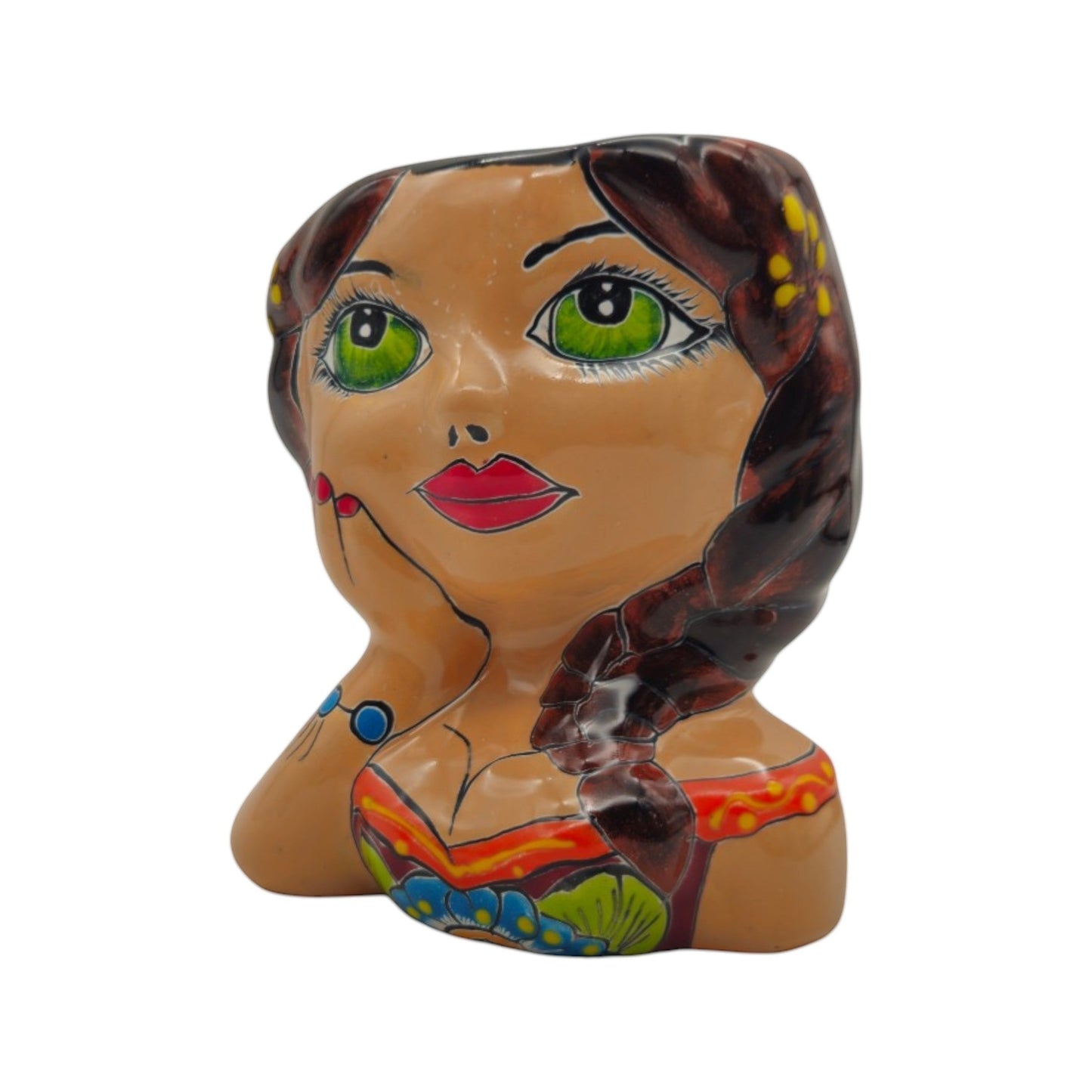 Hand-Painted Talavera Ceramic Lady Planter | Mexican Artwork Decor