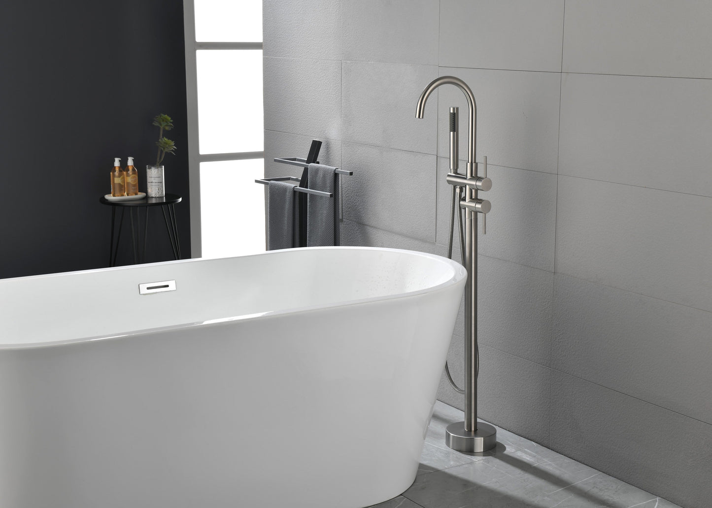 Floor Mounted Tub Faucet High Flow Freestanding Tub Filler with Handheld Shower Swivel