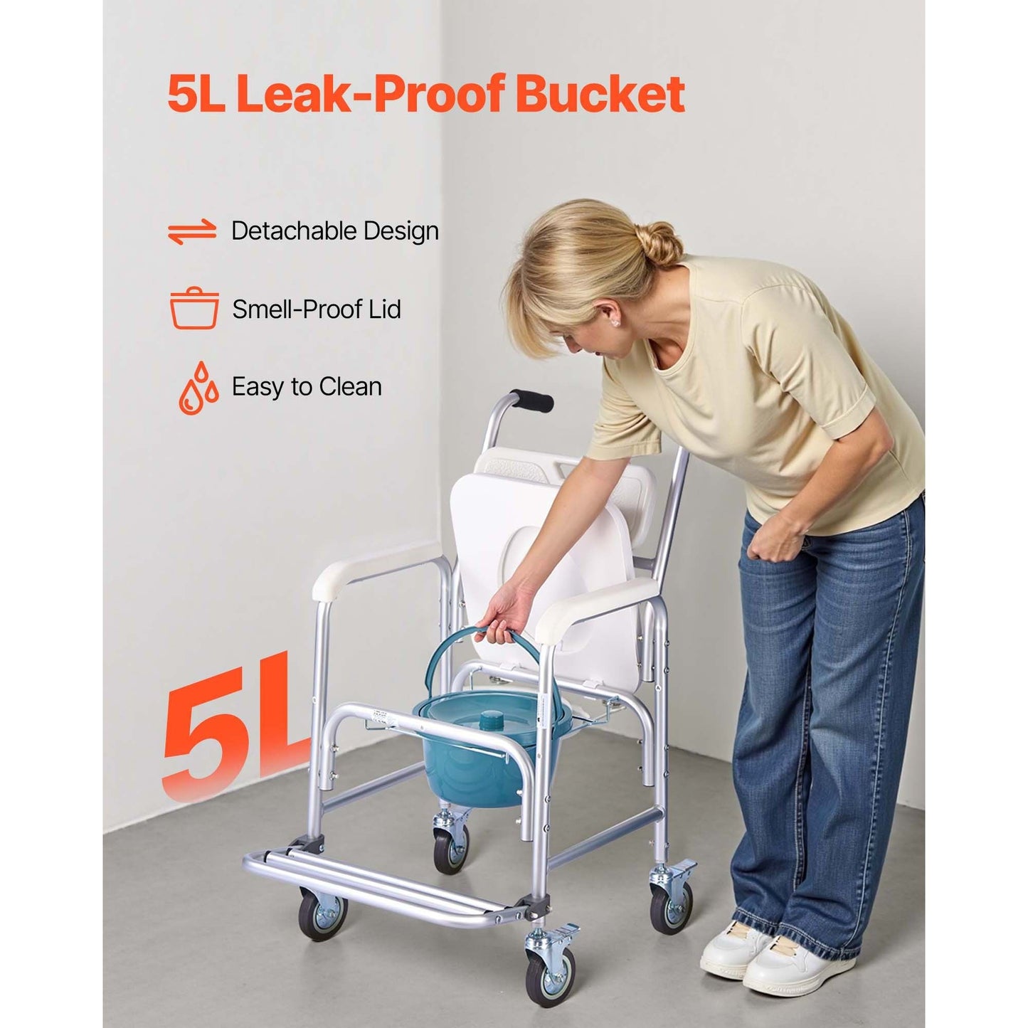 Commode Chair 4-Wheel 4-in-1 Aluminum 350 LB Rolling Lockable Padded Seat