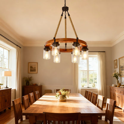Chandelier Wood Round 6-Light Wagon Wheel Farmhouse Seeded Glass 23.62 In