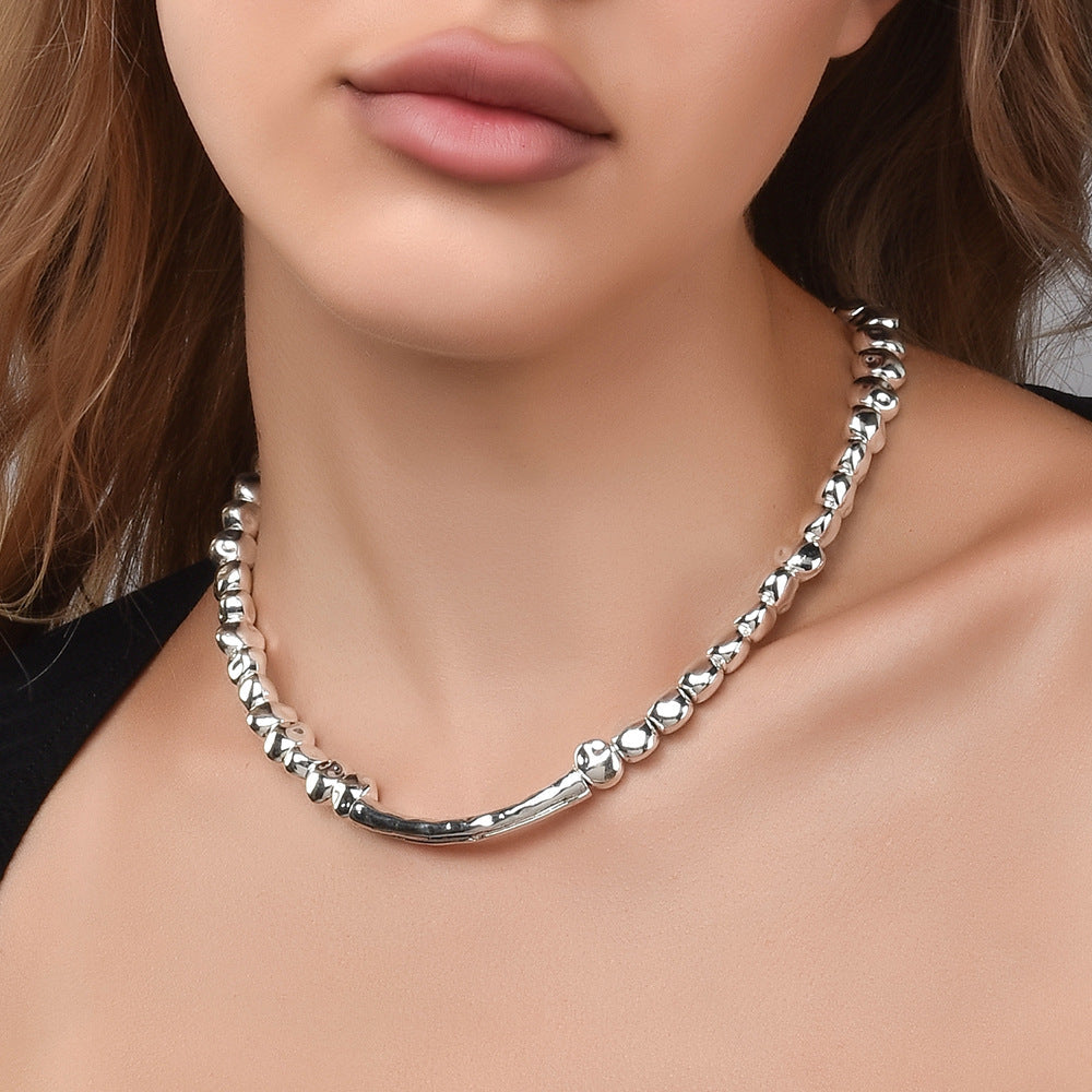 Irregular Broken Silver Curved Bar Choker Necklace, Minimal Quiet Luxury Collarbone Chain For European Spanish Women