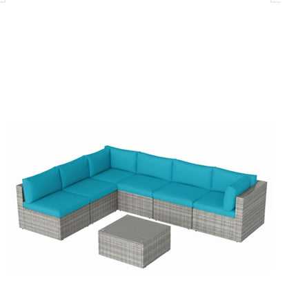 7 Piece Outdoor Sectional Set PE Rattan Gray Blue