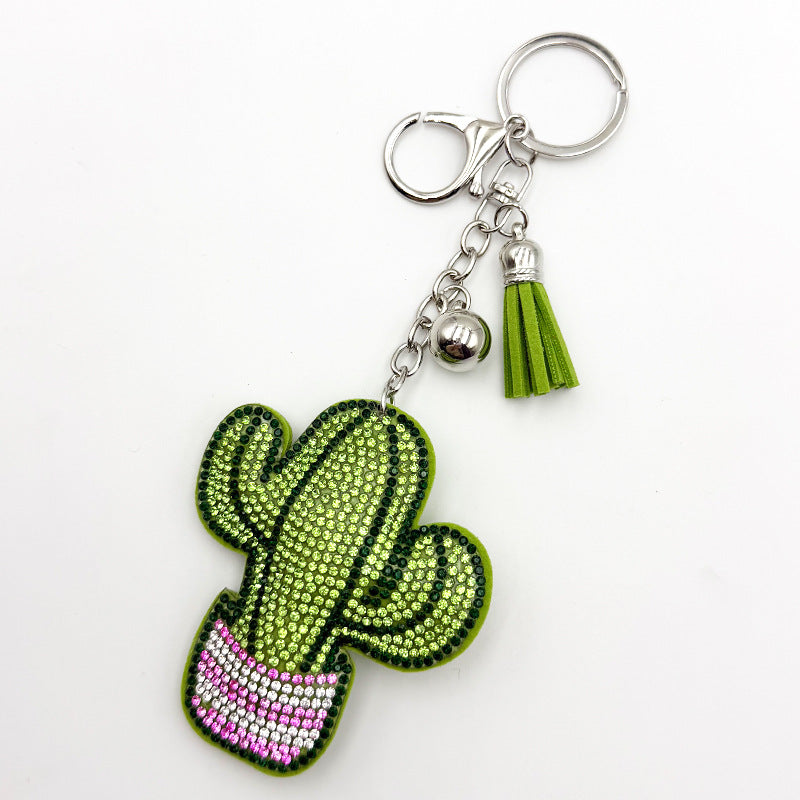 Diamond-Encrusted Cactus Keychain With Tassel Metal Pendant