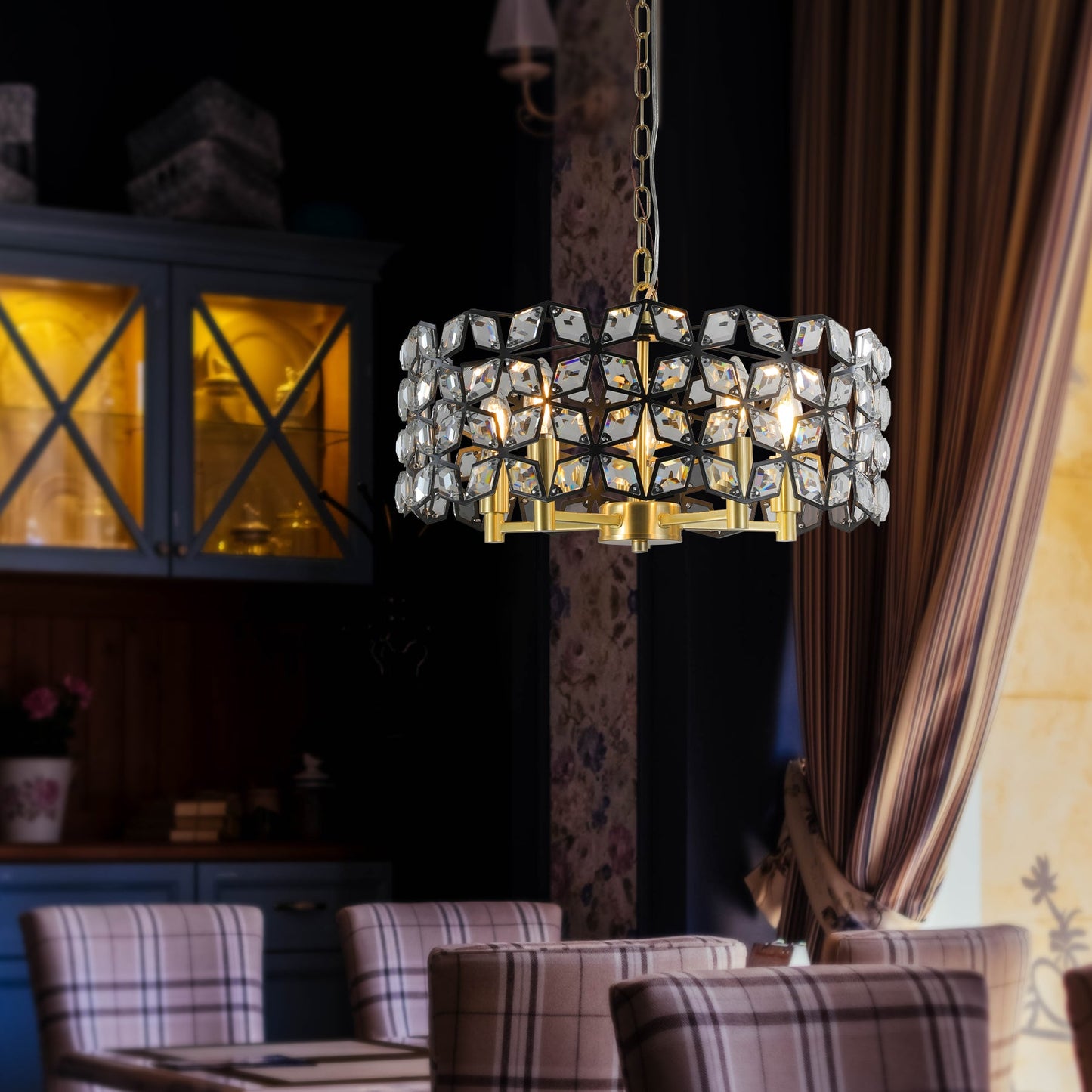 Chandelier Crystal Black Gold Round Pendant 5-Light Modern 19 In